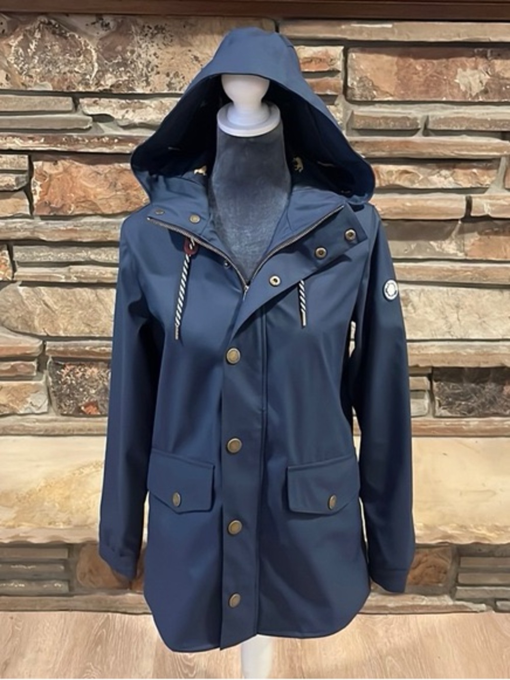 Kiel James Patrick Navy Hooded Raincoat with Rope Drawcords